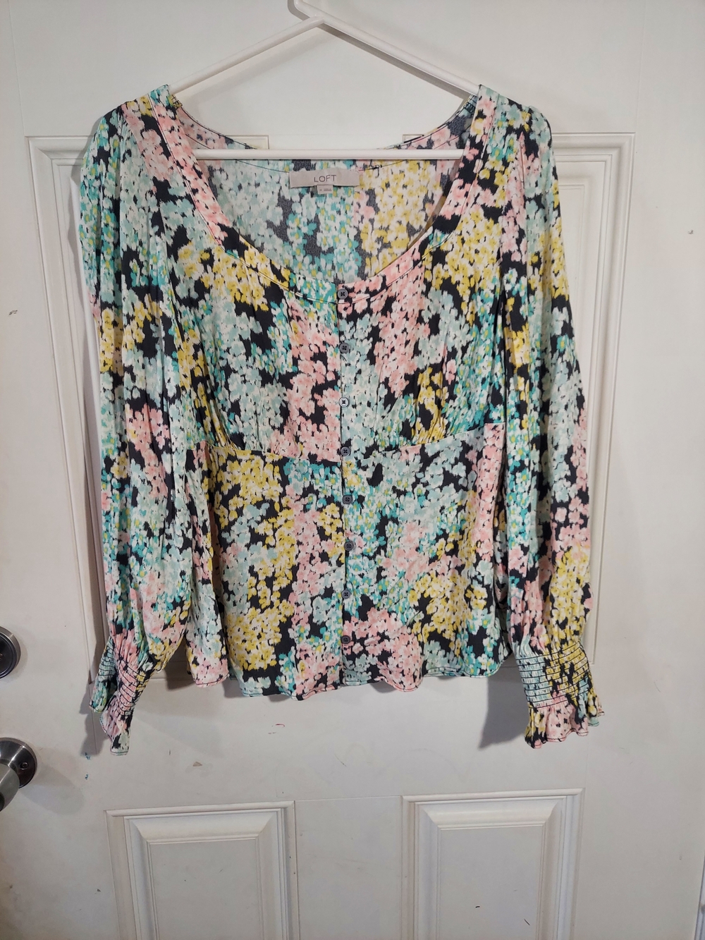 LOFT Pastel Floral Peasant Top - Mint, Pink & Yellow on Black